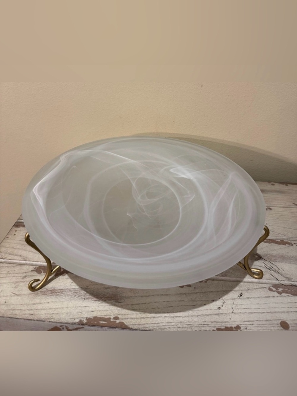 Frosted White Alabaster Swirl Glass Centerpiece Bowl Brass Scroll Footed Stand